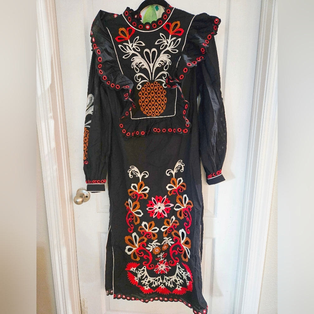 NWT FARM RIO CASHEW MANDALA MAXI Embroidered Black Dress LARGE